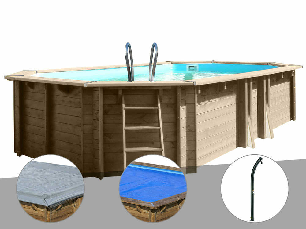 Kit piscine bois safran 2 6,20 x 3,95 x 1,36 m + bâche hiver + bâche à bulles +