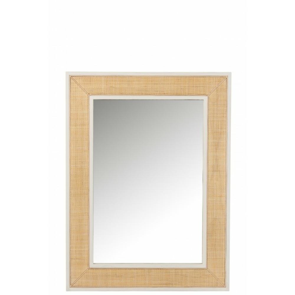 Miroir rectangulaire avec contour en bois exotique et rotin blanc
