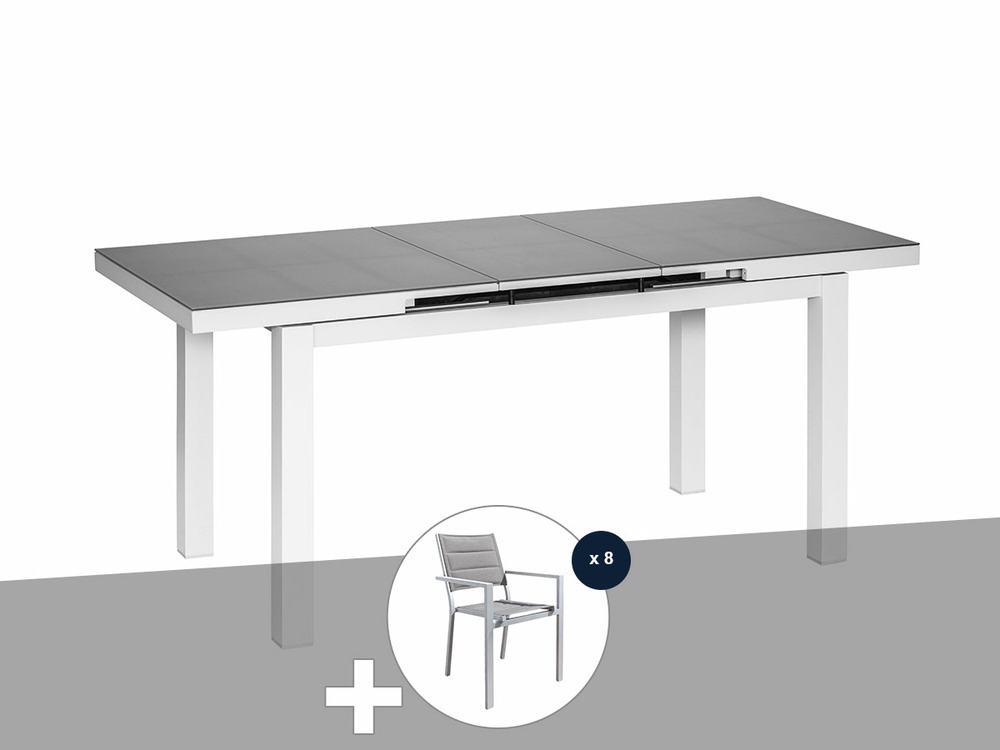 Table et chaise de jardin en aluminium gris perle ibiza perle avec 8 chaises