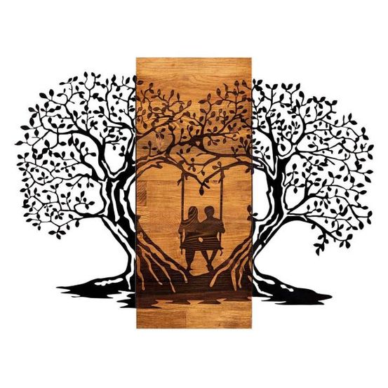 Décoration murale en métal et bois amoureux sur balançoire