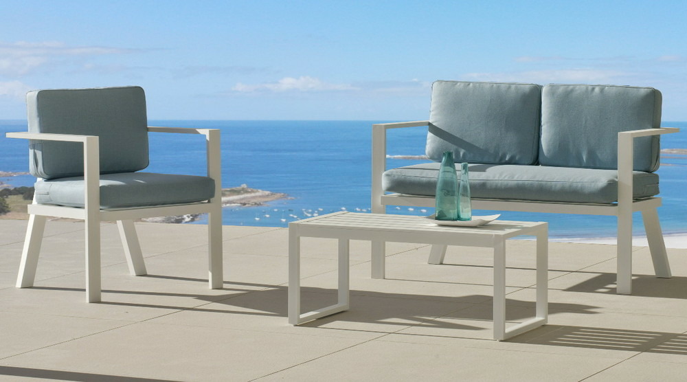 Salon de jardin sofa azores - finition blanc, tissus fara vert - 4 places