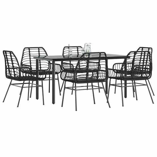 Ensemble à manger de jardin 7pcs noir poly rotin verre