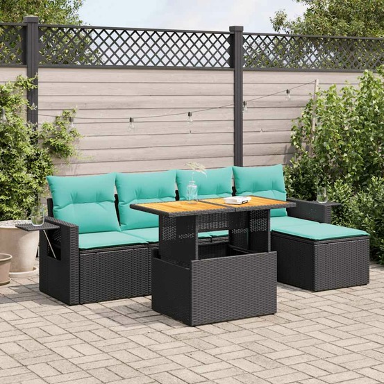Salon de jardin 6 pcs avec coussins noir résine tressée