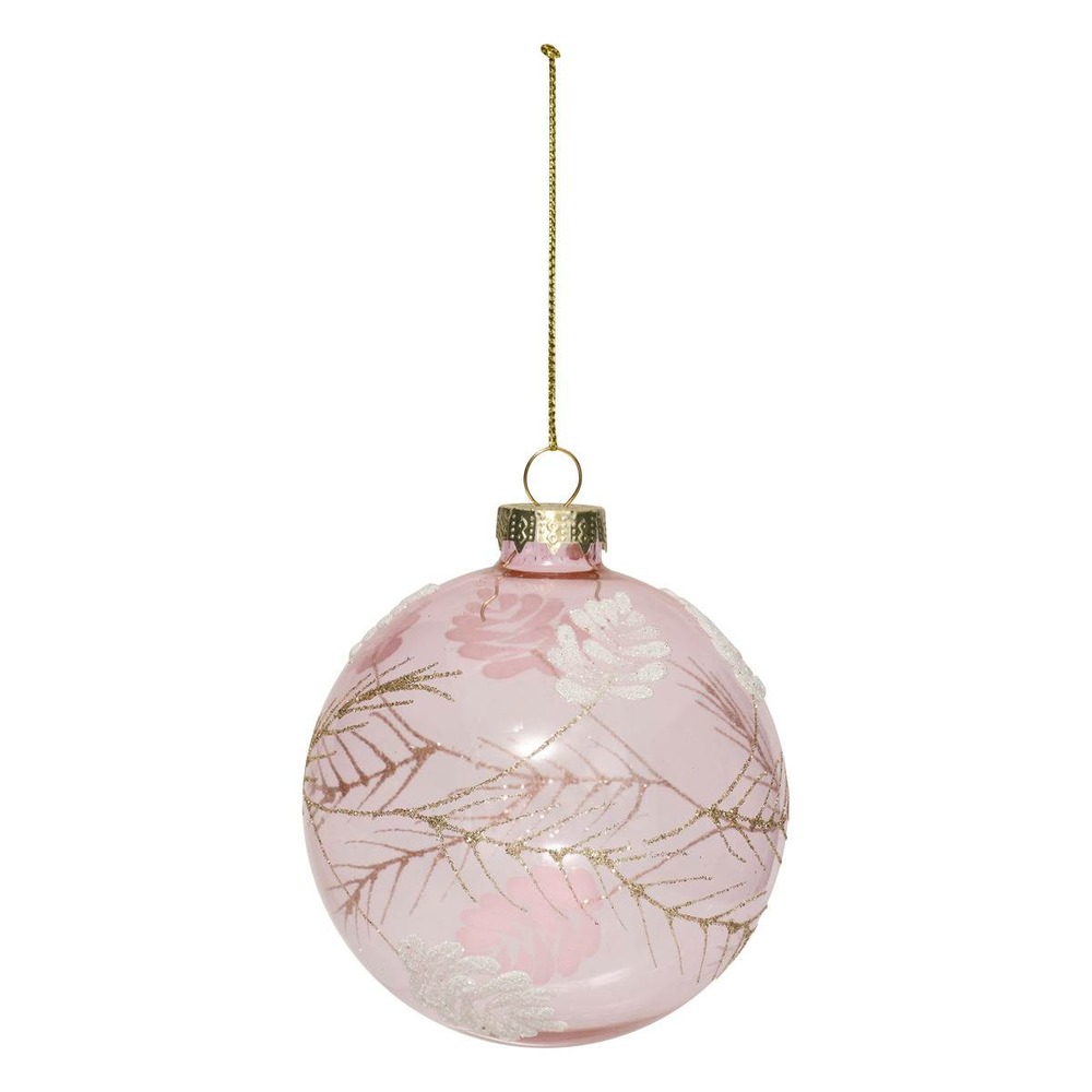 Boule verre décor feuilles d.9cm rose