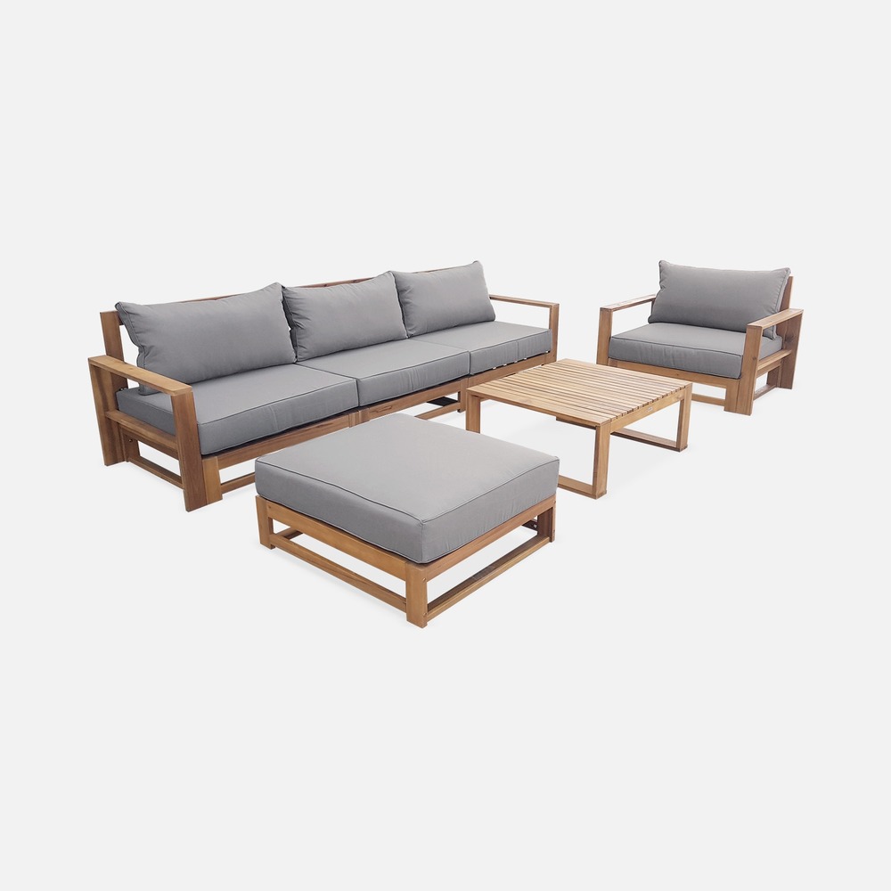 Salon de jardin en bois d'acacia 5 places - mendoza - canapé, fauteuils et table basse en acacia, 6 éléments modulables, design