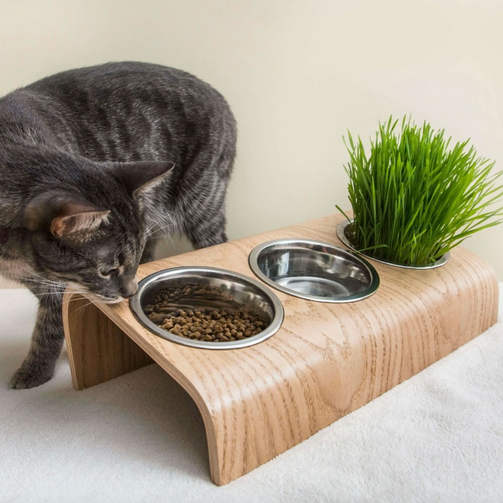 Buvo - set ergonomique 3 gamelles en acier, socle bois chêne, 43x24x14cm