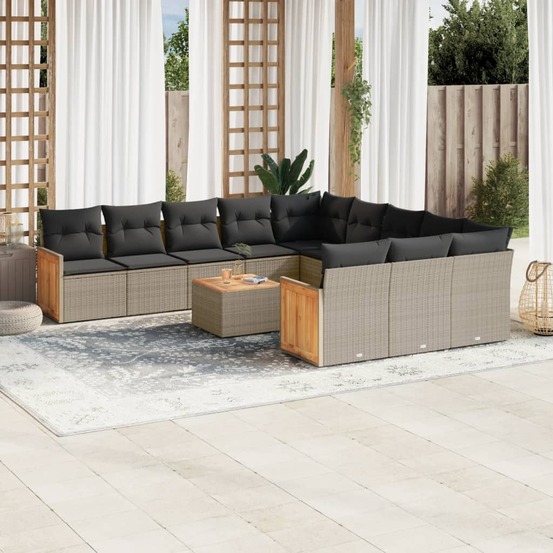 Salon de jardin avec coussins 12 pcs gris résine tressée