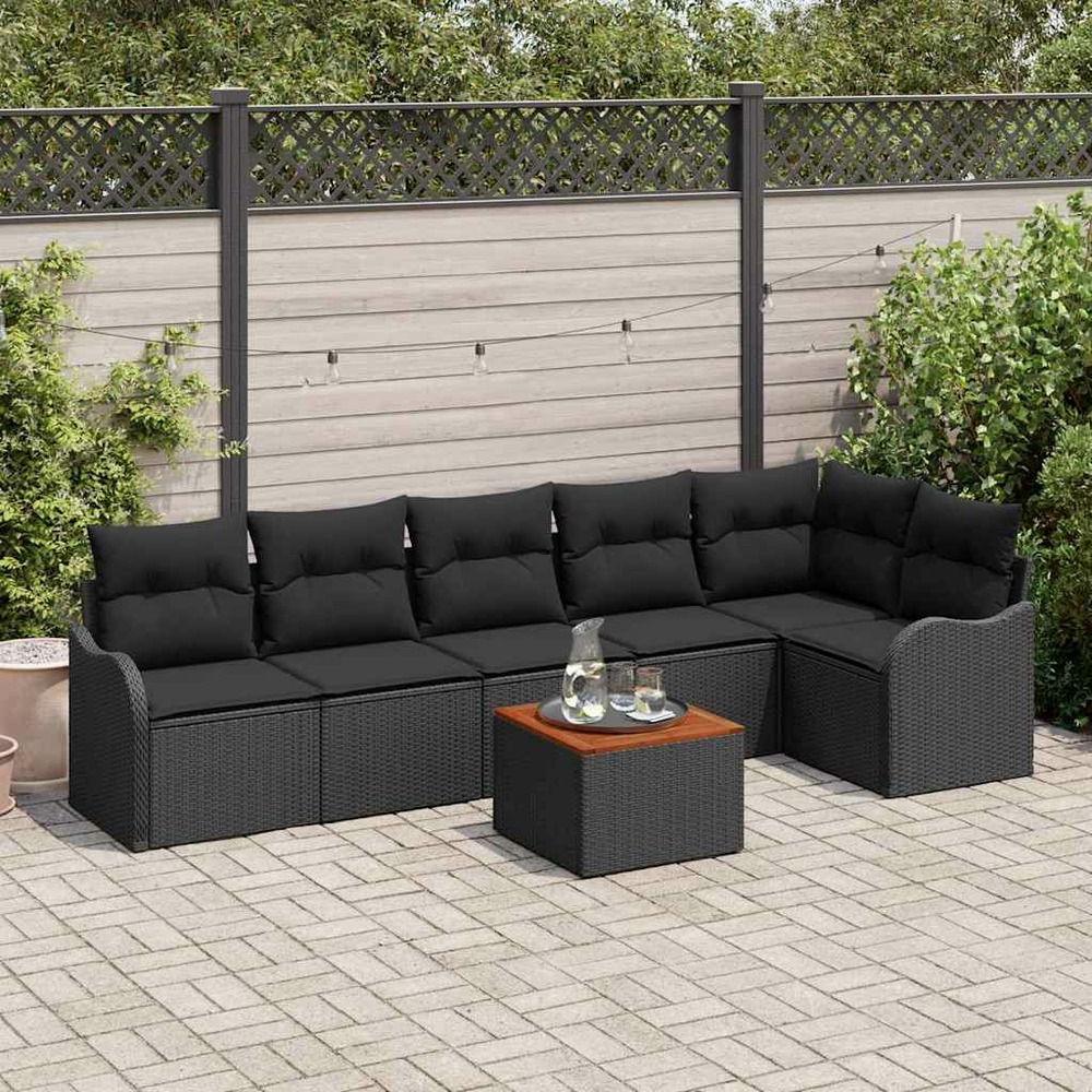 Ensemble de canapé de jardin avec coussin 7 pcs noir polyrotin