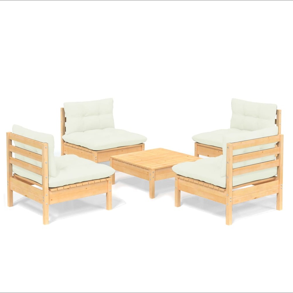 Salon de jardin meuble d'extérieur ensemble de mobilier 5 pièces avec coussins crème bois de pin