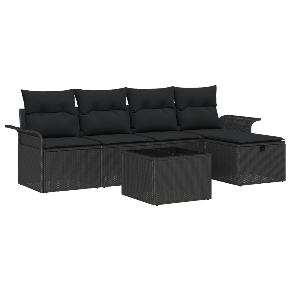 Set de canapé de jardin 6 pièces avec coussins noir poly rotin