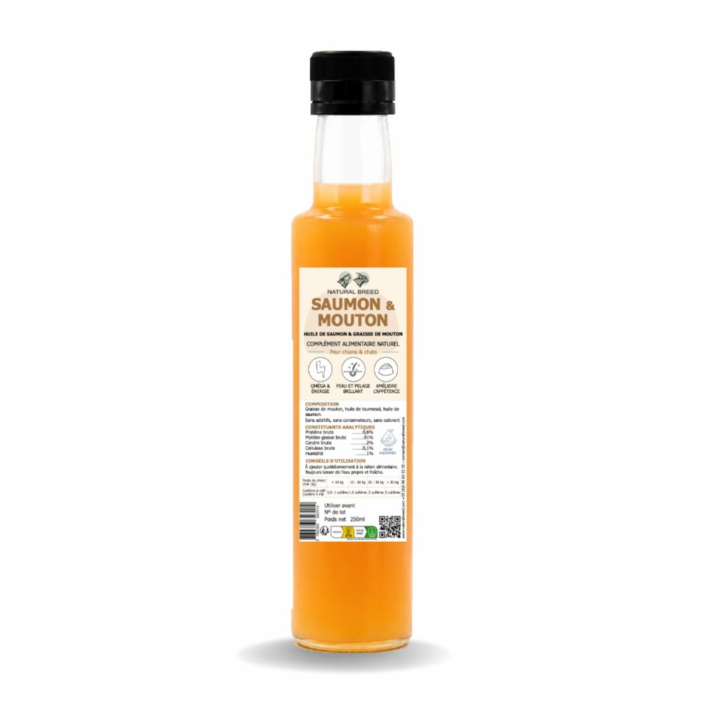 Complément alimentaire huile de saumon et graisse de mouton pour chien et chat – topper naturel peau, pelage et énergie – 250 ml