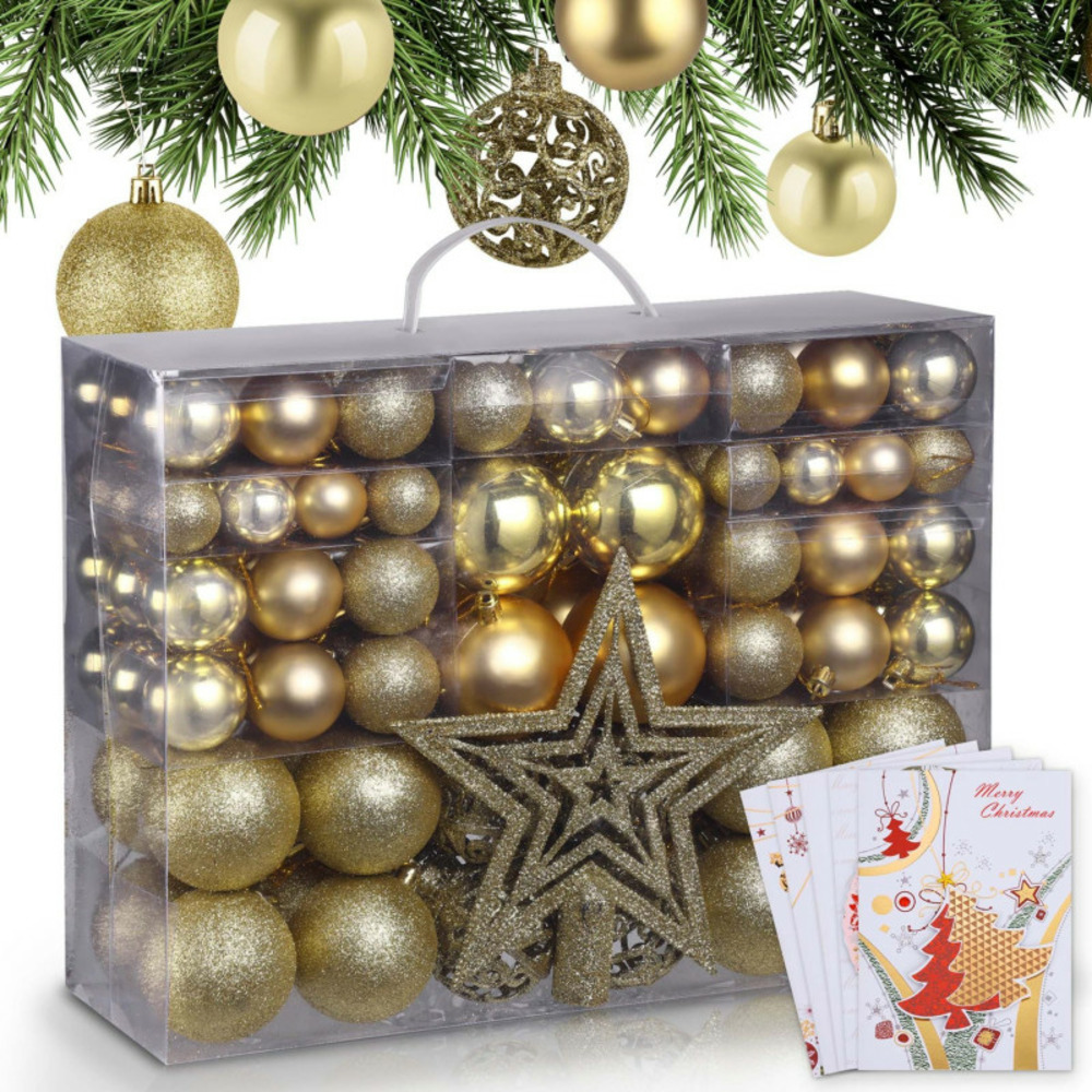 Boules de noël dorées décorations de sapin coffret de 128 pièces inclus ètoile de sapin-5 cartes