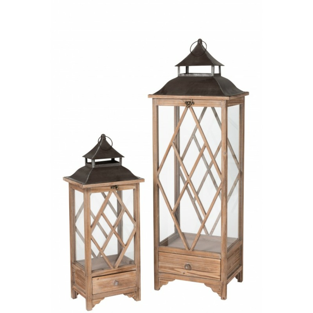 Set de 2 lanternes en bois de sapin marron et métal noir