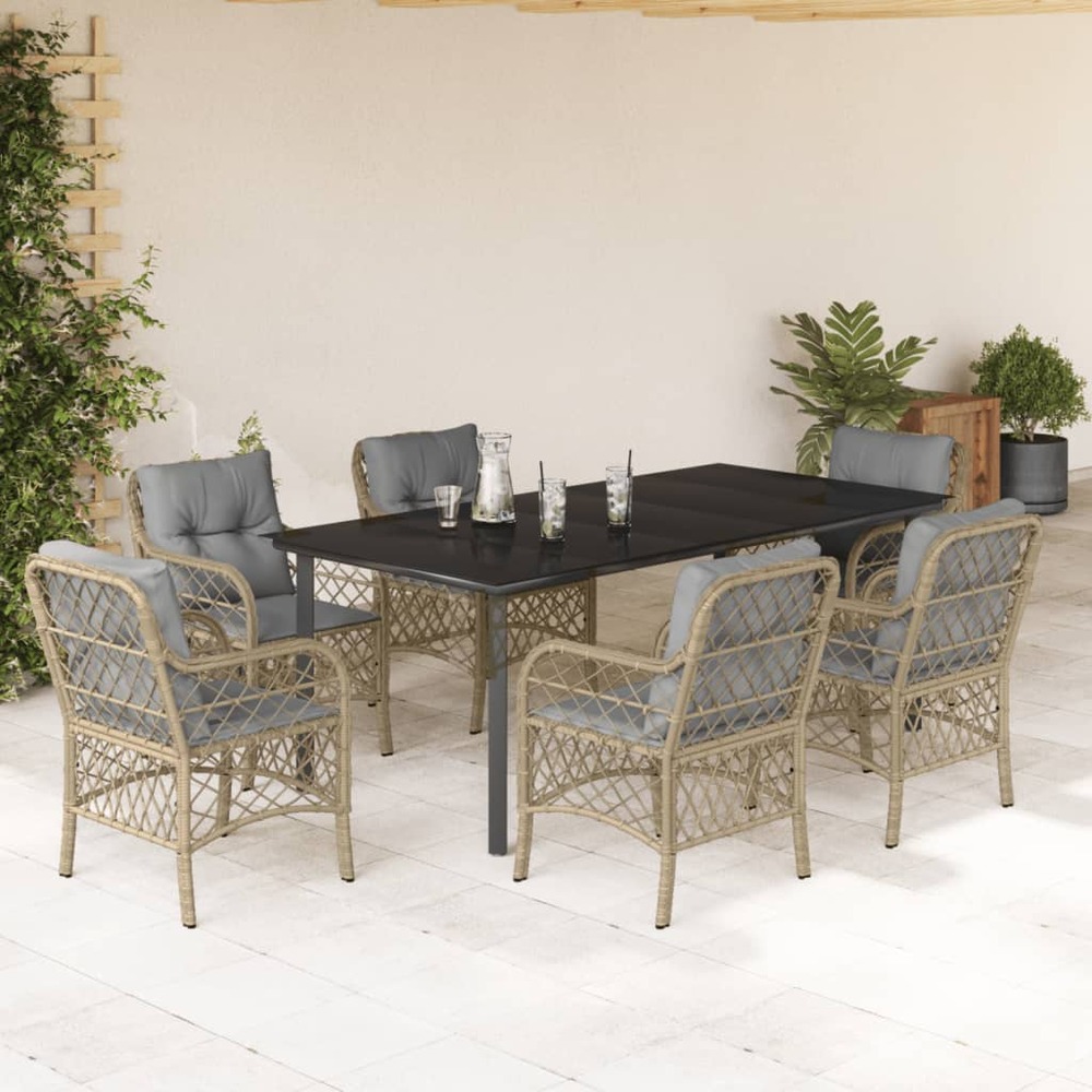 Ensemble à manger de jardin coussins 7 pcs mélange beige rotin