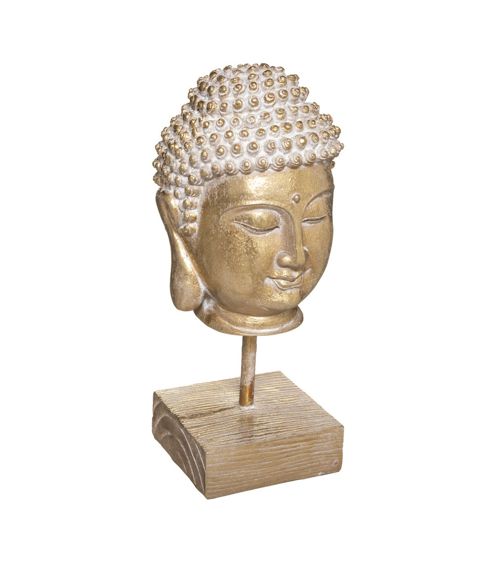 Objet décoratif tête de bouddha sur socle en résine dorée h 23 cm