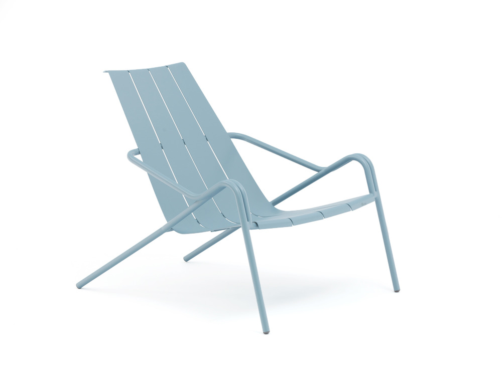 2 fauteuils lounge empilables FLEOLE en aluminium, couleur BLEU PIGEON