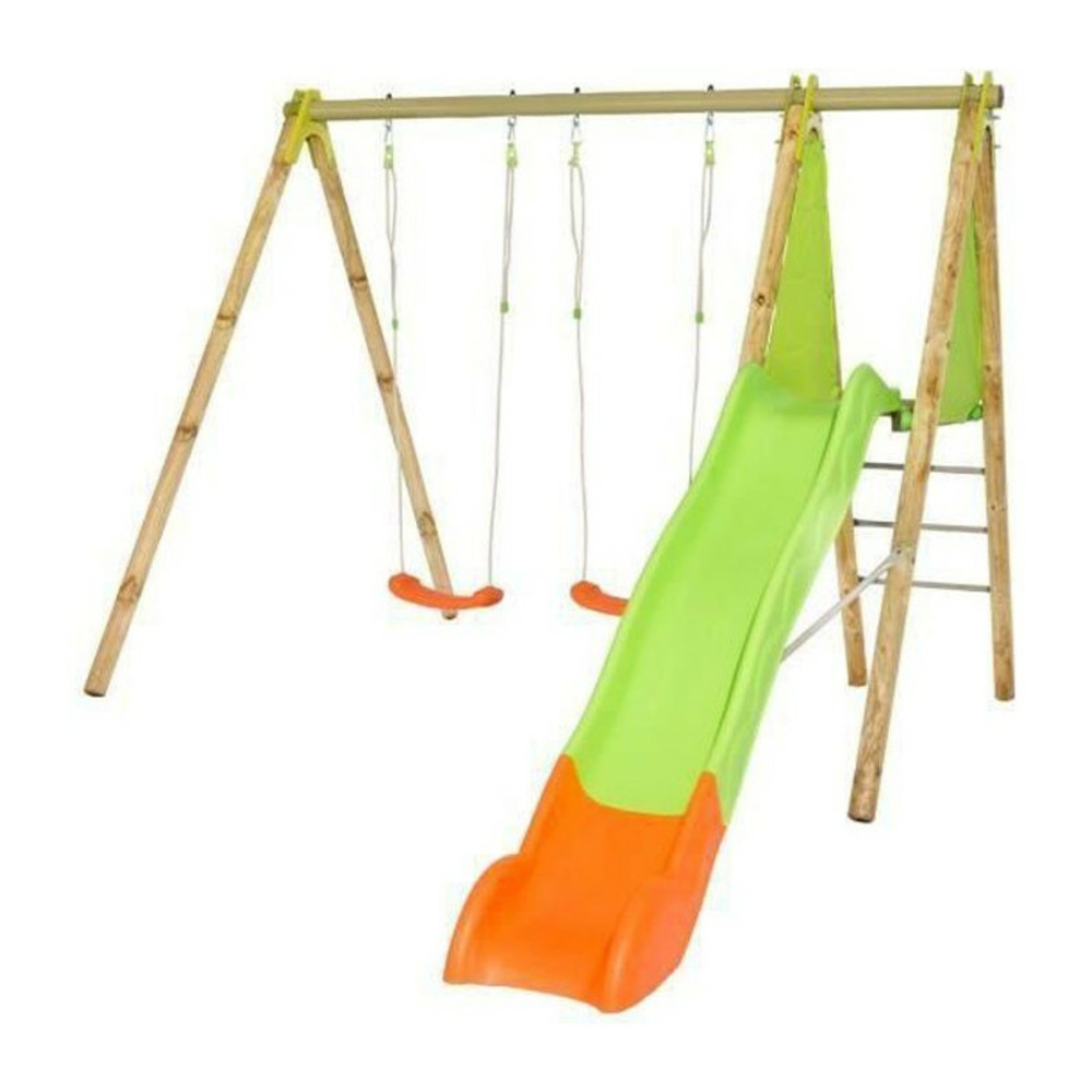 Portique bois et métal - 2,30m - 2 balançoires et 1 toboggan 2,63m - arroba
