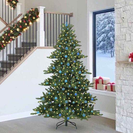 Sapin de noël vert 240 cm, pré-illuminé avec guirlande led et set de 120 décorations