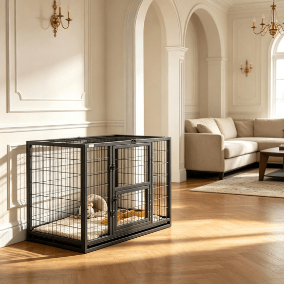 Cage chien intérieur acier noire 94 x 60 x 64 cm toit ouvrant porte repas sécurisée