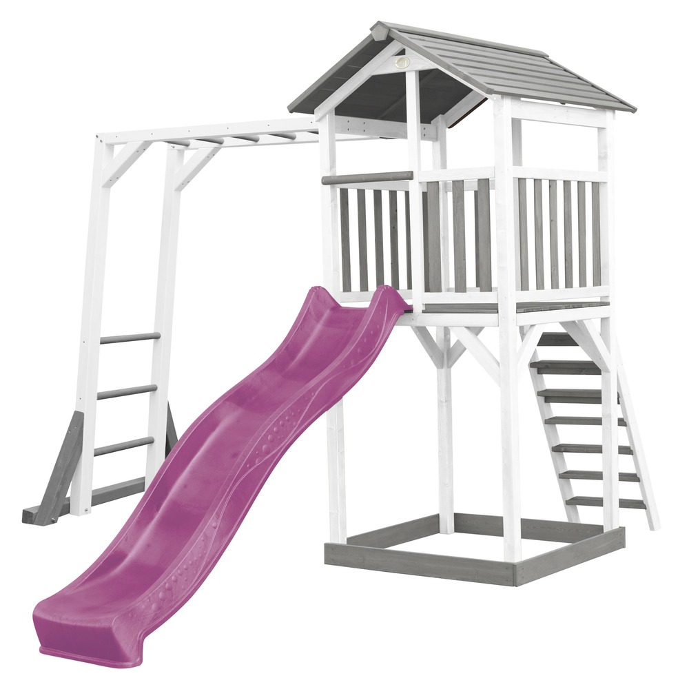 Axi beach tower aire de jeux avec toboggan en violet, cadre d'escalade & bac à