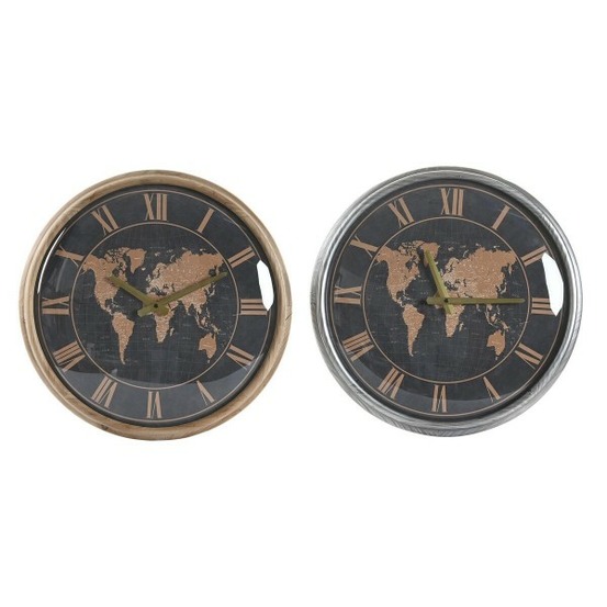 Horloge murale 46 x 6,5 x 46 cm verre argenté noir doré marron fer mappemonde (2 unités)