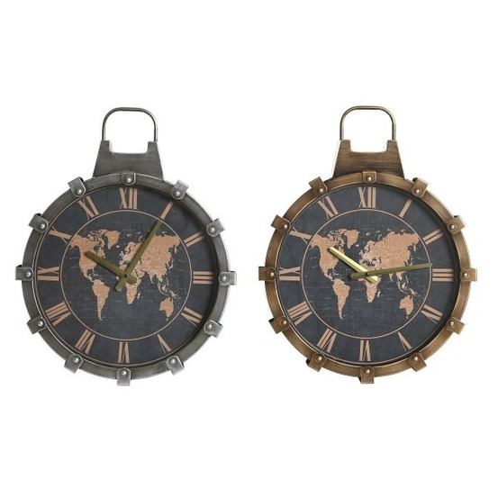 Horloge murale doré argenté verre fer mappemonde 42 x 8,5 x 54 cm (2 unités)