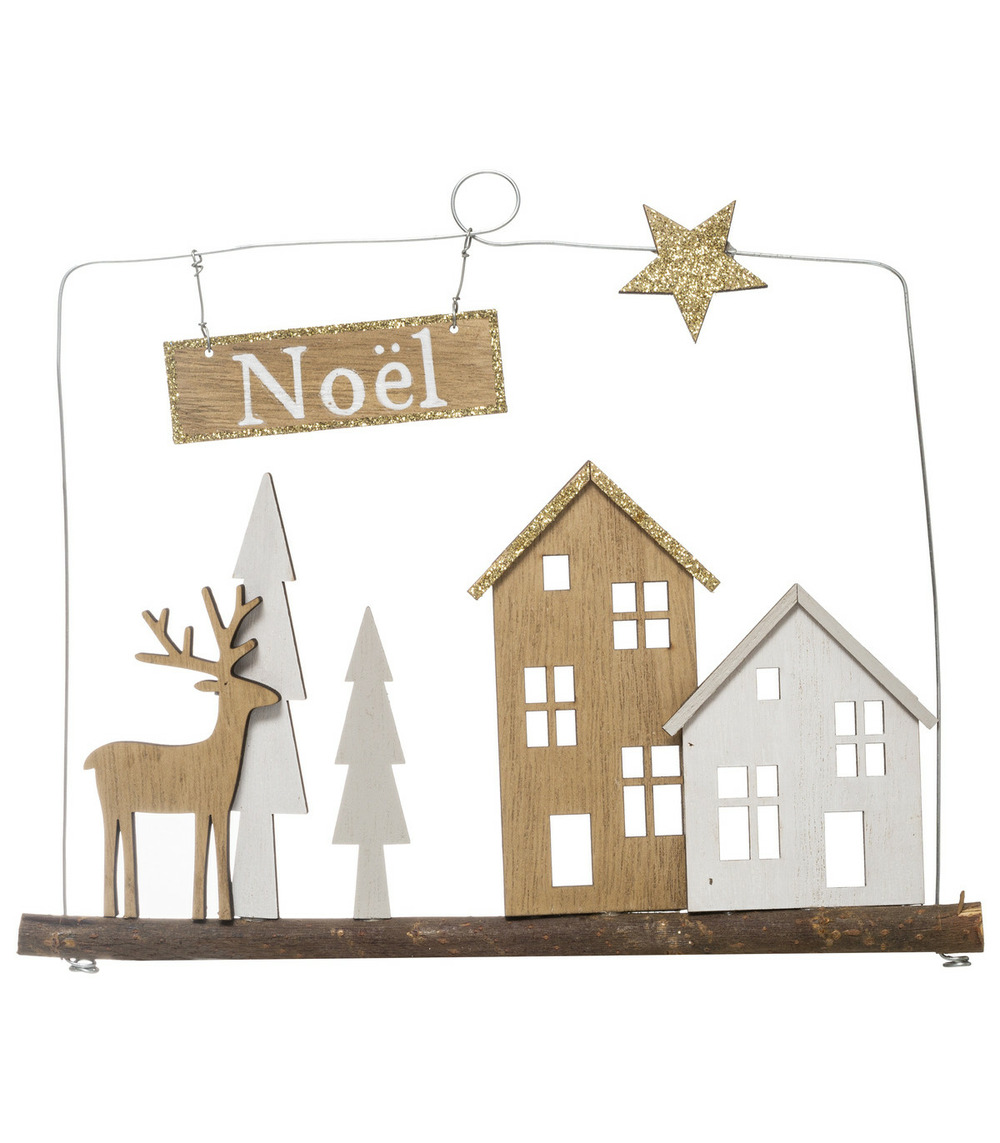 Déco de noël en métal et bois finition pailletée 27 x 27 cm