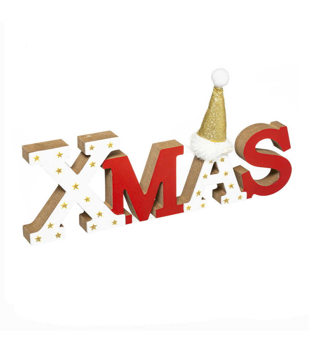 Déco de noël mot xmas en bois rouge avec bonnet pailleté l 29 cm