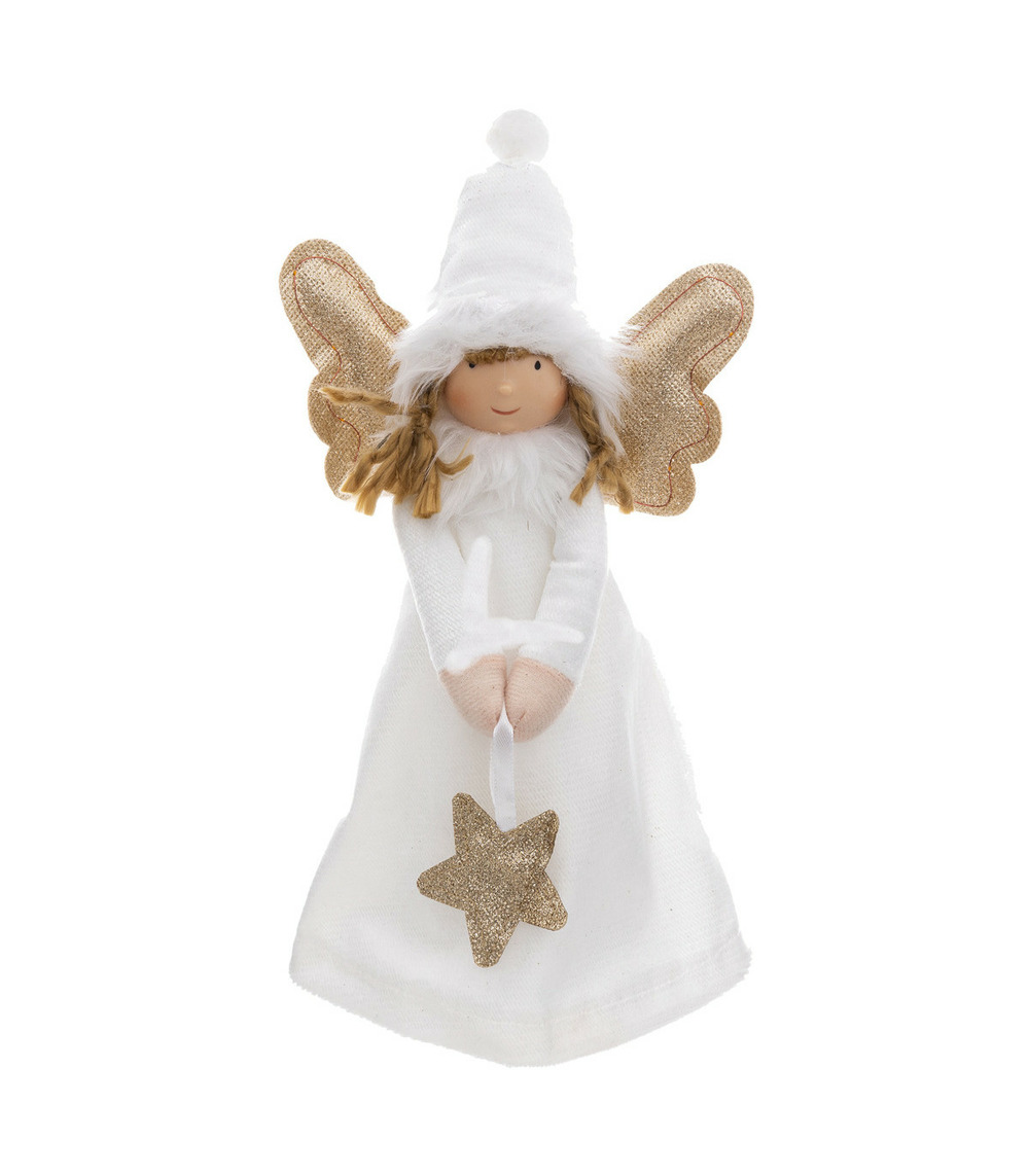 Déco de noël ange blanc et doré avec ailes lumineuses à led h 28 cm