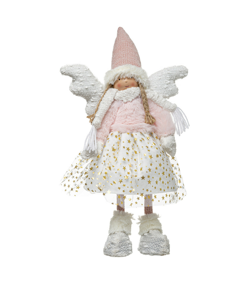 Déco de noël poupée ange rose en jupe étoilée et bonnet h 42 cm