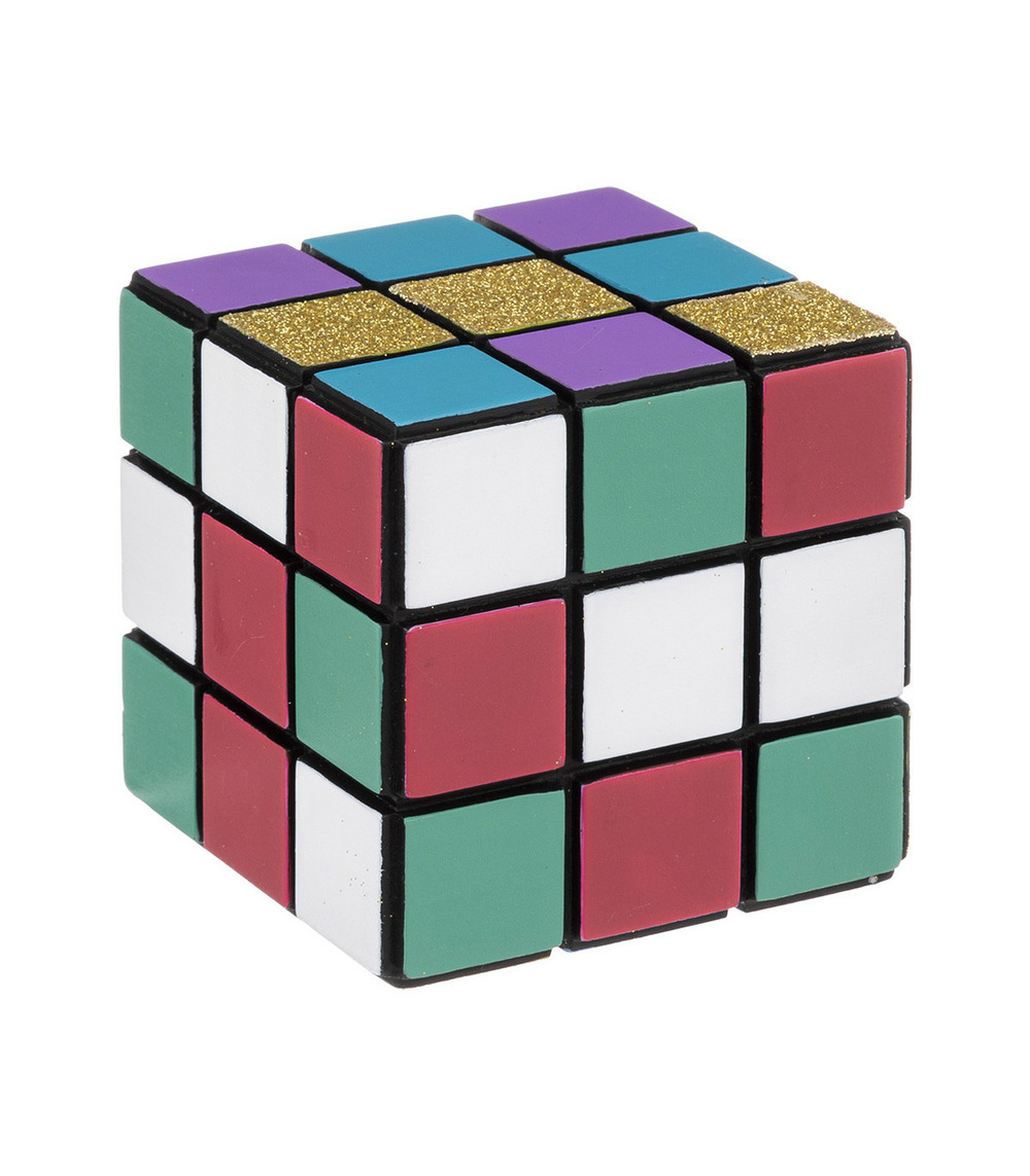 Objet déco cube coloré en bois avec paillettes dorées 9 x 9 cm