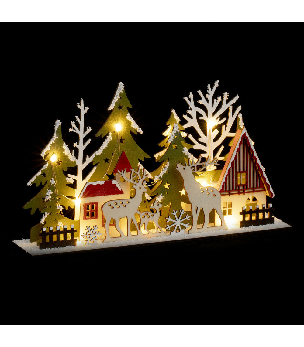 Déco lumineuse rennes & sapins en bois 13 led blanc chaud 30 x 17 cm