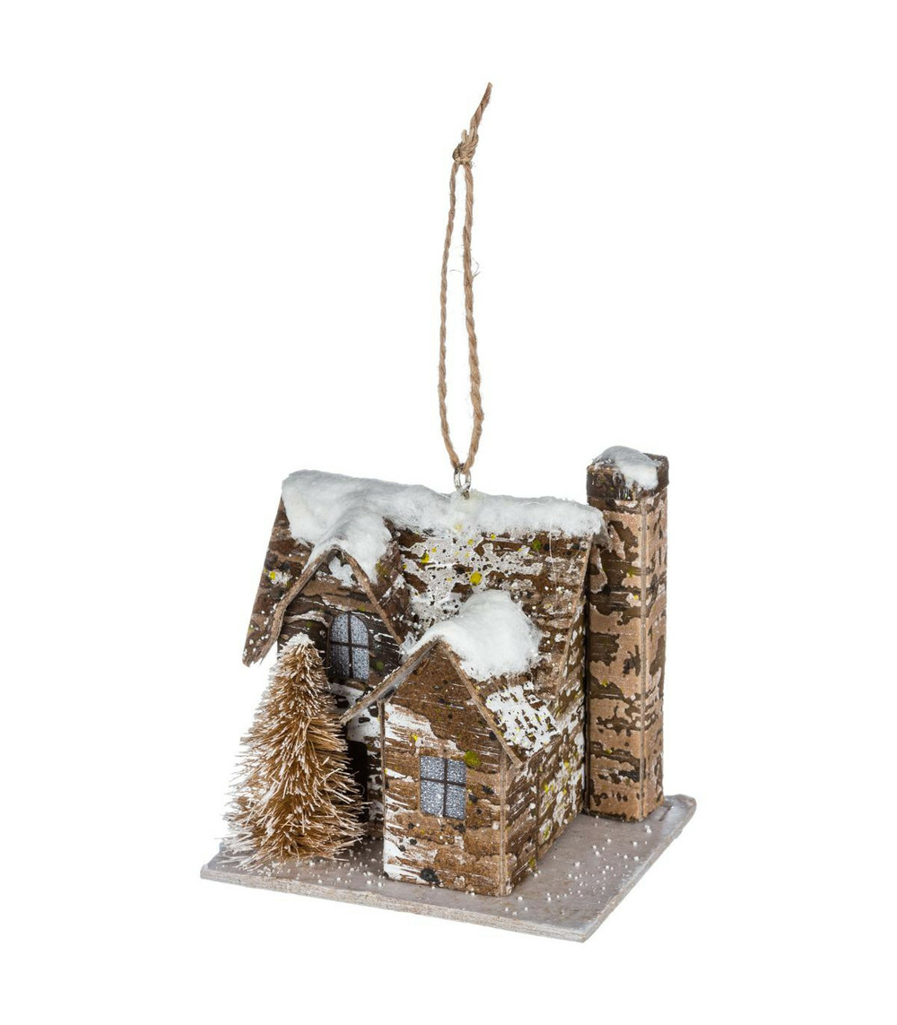 Sujet de noël à suspendre maison enneigé et pailleté h 8 cm