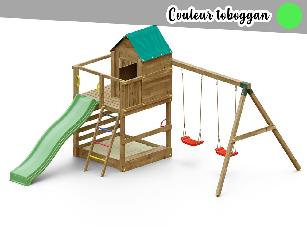 Aire de jeux jarcas avec balançoire double - toboggan vert
