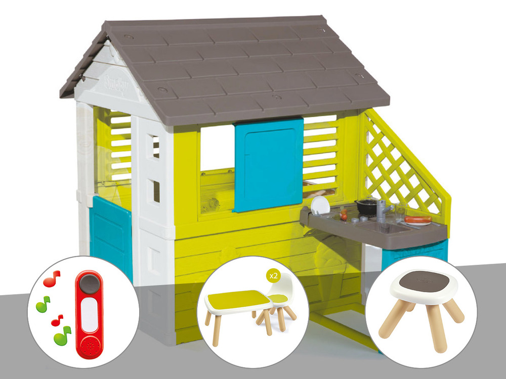 Cabane enfant pretty + cuisine d'été + sonnette + table et 2 chaises + tabouret