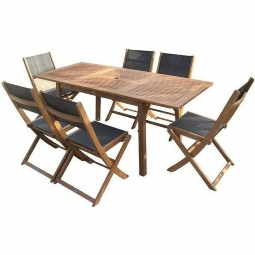 Ensemble repas de jardin 4 a 6 personnes - table extensible 120/180 x 80 cm + 6 chaises assises textilene - bois eucalyptus fsc