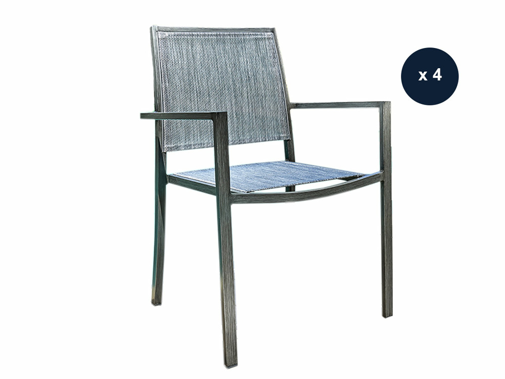 Lot de 4 fauteuils de jardin en aluminium et textilène empilable aspect teck gri