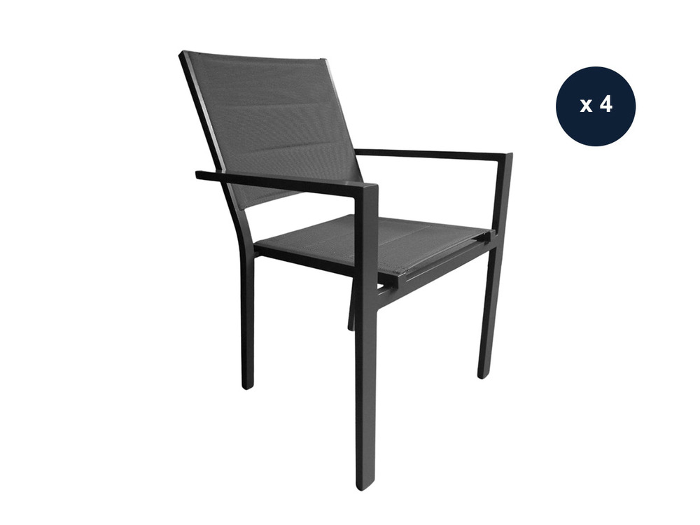 Lot de 4 fauteuils avec structure aluminium et textilène matelassé gris, empilab