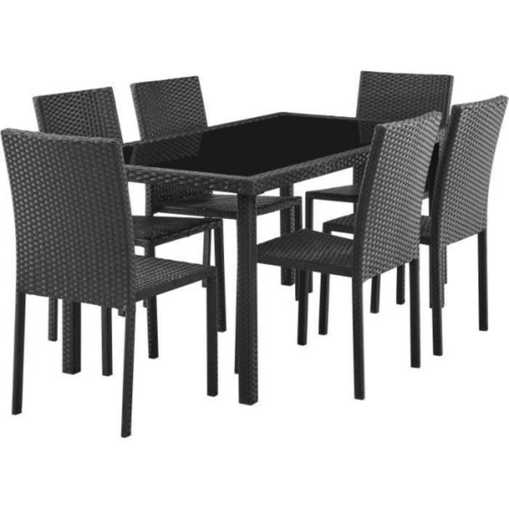 Ensemble repas de jardin - plateau en verre trempé et 6 chaises en résine tressée noir - table 160x80x73 cm - chaise : 44x54x