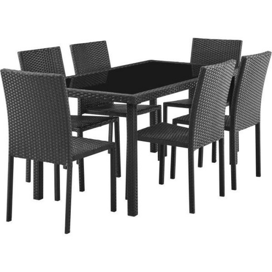 Ensemble repas de jardin - plateau en verre trempé et 6 chaises en résine tressée noir - table 160x80x73 cm - chaise : 44x54x