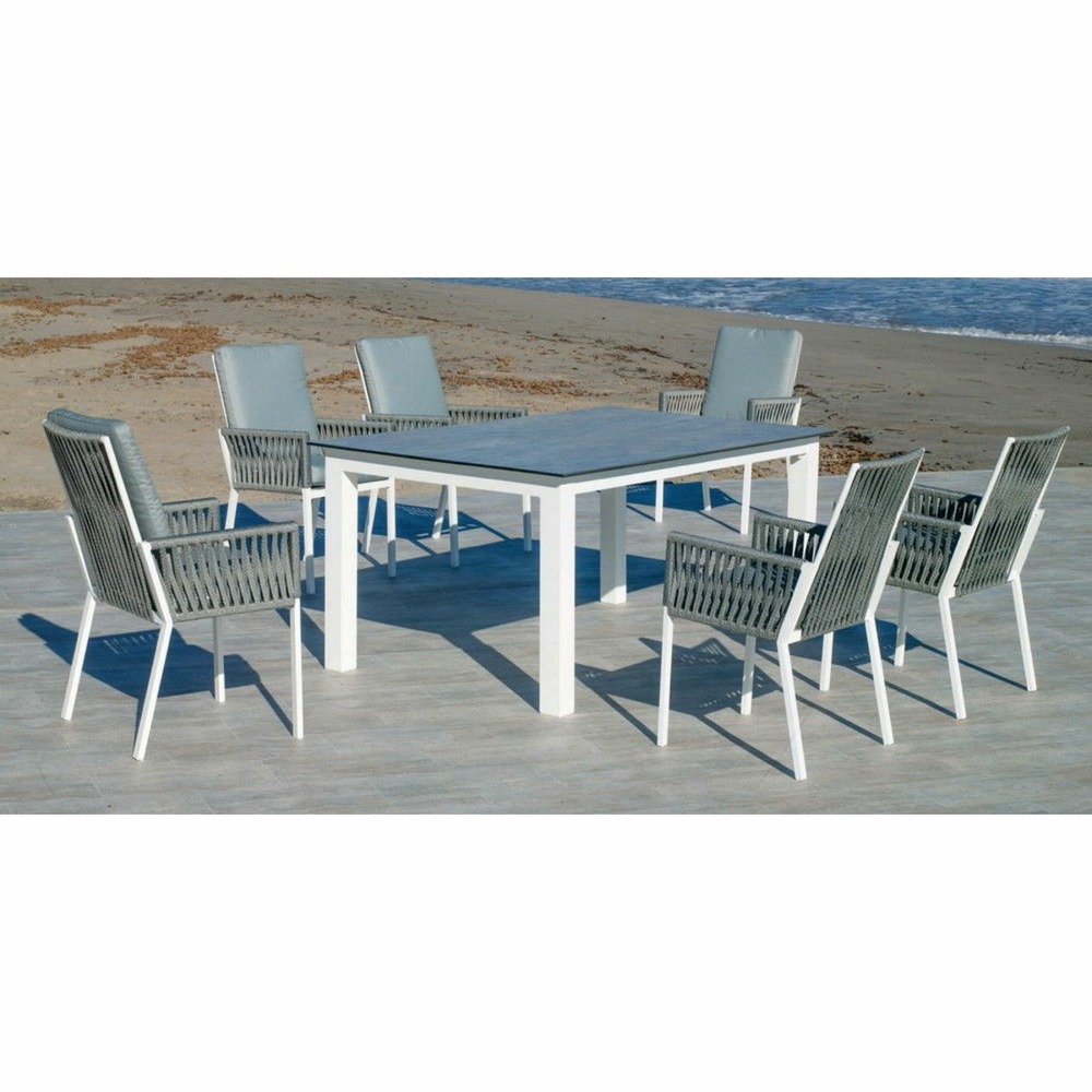Table à manger camelia 220cm - finition blanc/hpl façon pierre grise claire