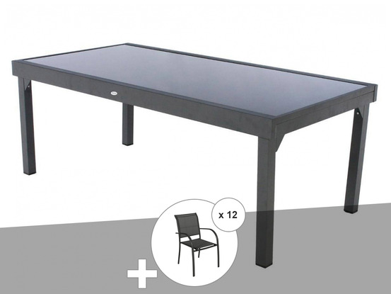 Ensemble repas table extensible rectangulaire en verre piazza + 12 fauteuils pia