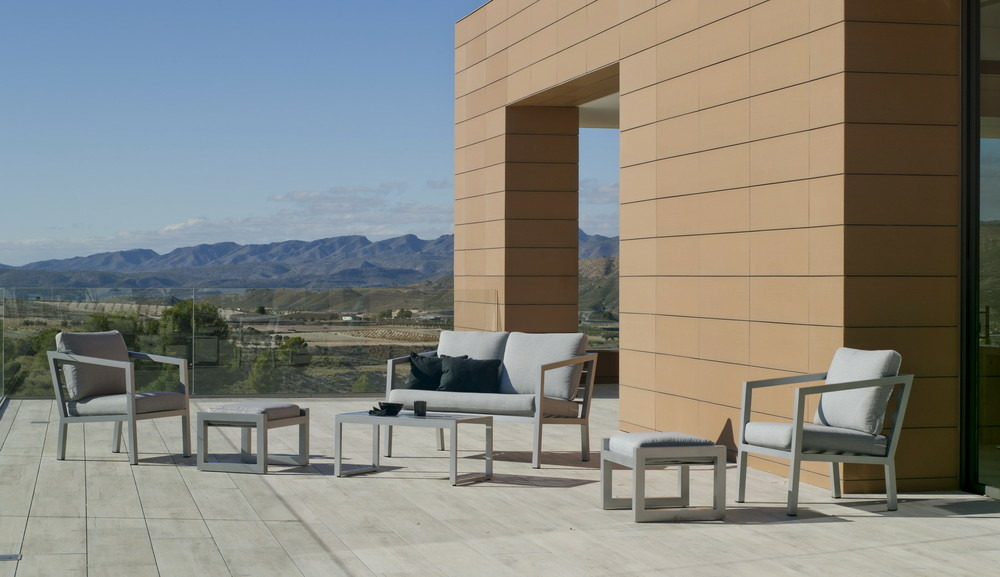 Salon de jardin sofa acapulco - finition gris, tissus gris clair - 4 à 6 places