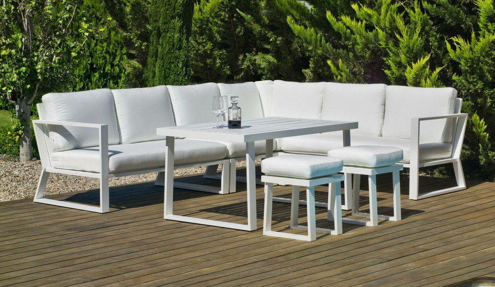 Salon de jardin sofa bolonia - finition blanc, tissus blanc - 6 à 9 places