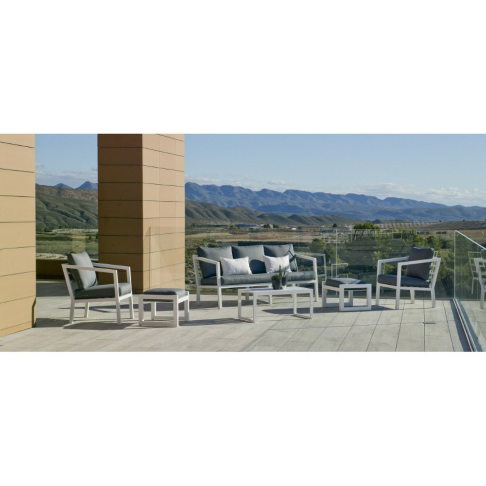 Salon de jardin sofa acapulco - finition blanc, tissus gris sara - 4 à 7 places