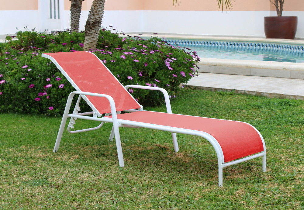 Lot de 2 bains de soleil costablanca-12x2 - finition blanc, tissus rouge