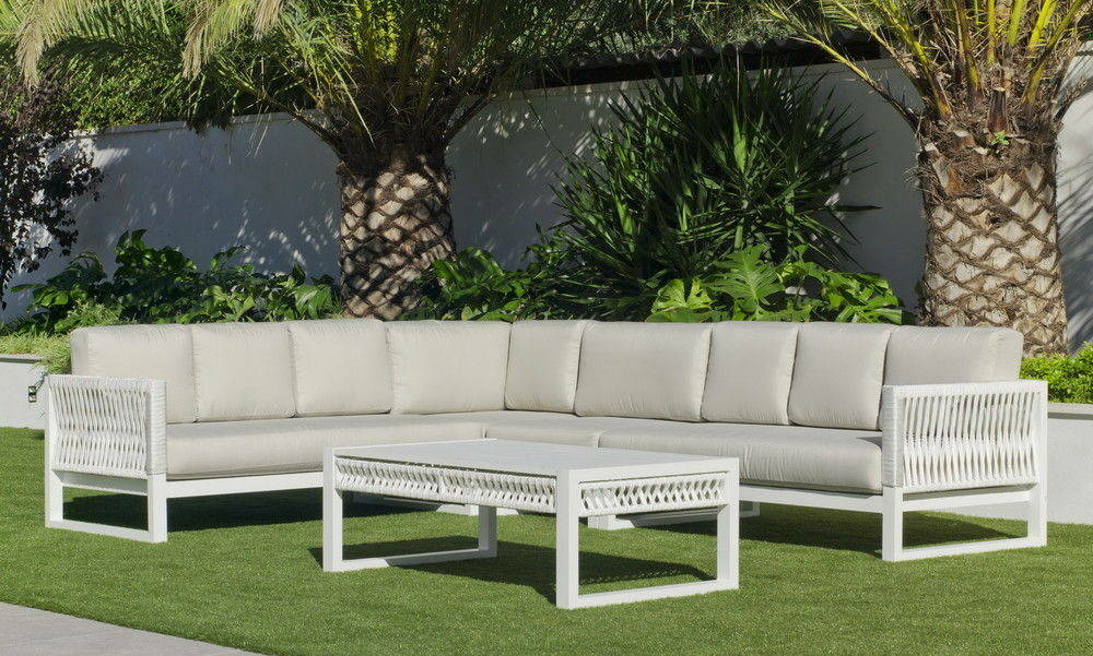 Salon de jardin MONTERREY blanc, tissus beige 9 places Truffaut
