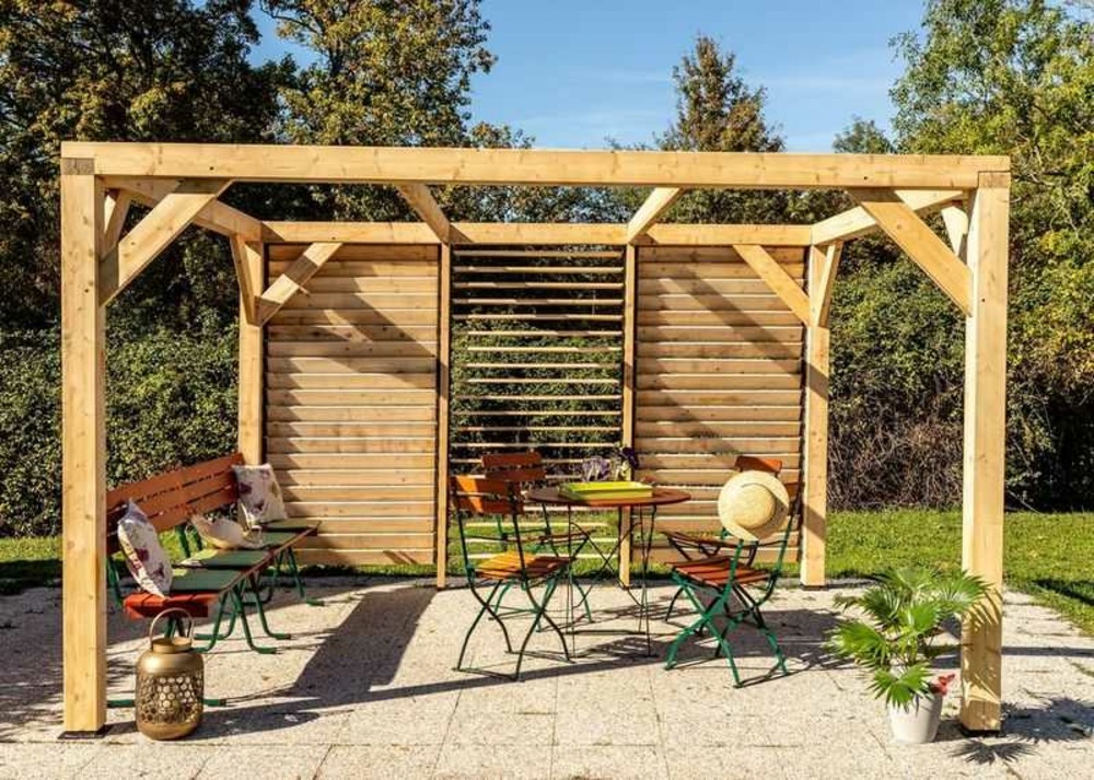 Auvent VENETO bois + ventelles mur - 10,57 m2 - dimensions 3,39 m x 3,12 m