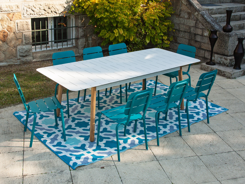 Ensemble repas d'extérieur ALICANTE pour 8 personnes, BLANC et BLEU D'EAU