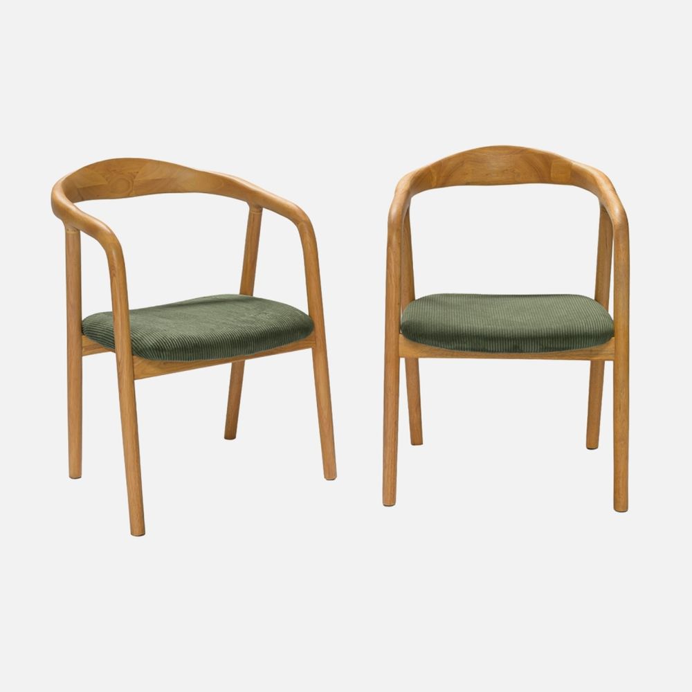 Lot de 2 fauteuils vintage bois d'hévéa et velours côtelé - l 55 x p 58 x h 79 cm